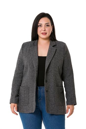 Büyük Beden Cepli Balıksırtı Blazer Astarlı Gri Ceket  