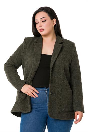 Büyük Beden Cepli Balıksırtı Blazer Astarlı Haki Ceket  