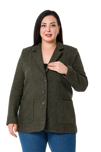 Büyük Beden Cepli Balıksırtı Blazer Astarlı Haki Ceket  