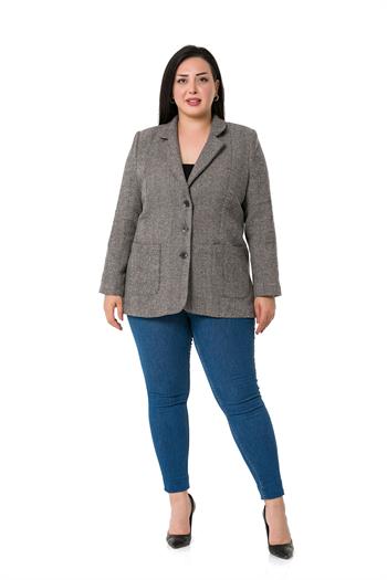 Büyük Beden Cepli Balıksırtı Blazer Astarlı Vizon Ceket  