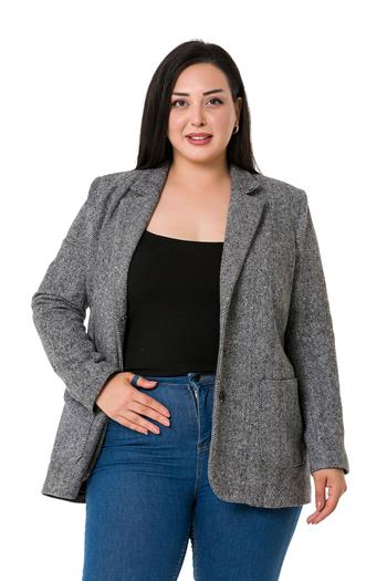 Büyük Beden Cepli Balıksırtı Blazer Astarlı Ekru Ceket  
