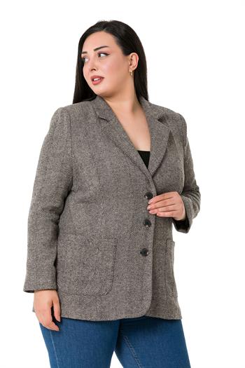 Büyük Beden Cepli Balıksırtı Blazer Astarlı Vizon Ceket  