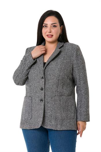 Büyük Beden Cepli Balıksırtı Blazer Astarlı Ekru Ceket  