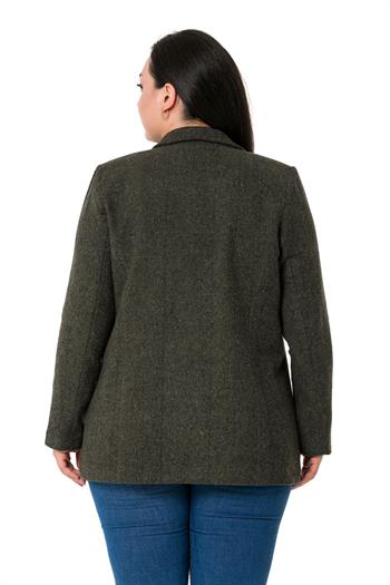 Büyük Beden Cepli Balıksırtı Blazer Astarlı Haki Ceket  