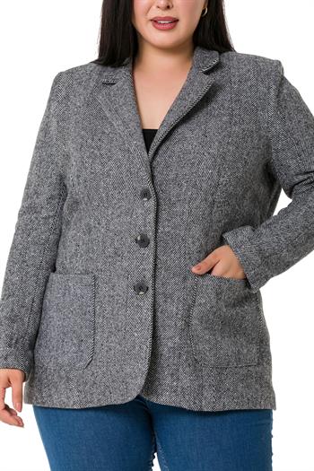 Büyük Beden Cepli Balıksırtı Blazer Astarlı Ekru Ceket  