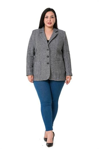 Büyük Beden Cepli Balıksırtı Blazer Astarlı Ekru Ceket  