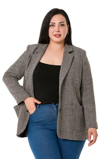 Büyük Beden Cepli Balıksırtı Blazer Astarlı Vizon Ceket  