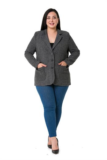 Büyük Beden Cepli Balıksırtı Blazer Astarlı Gri Ceket  
