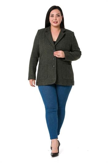 Büyük Beden Cepli Balıksırtı Blazer Astarlı Haki Ceket  