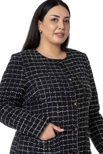 Büyük Beden Cepli Yakasız Simli Şanel Siyah Lacivert Astarlı Ceket 