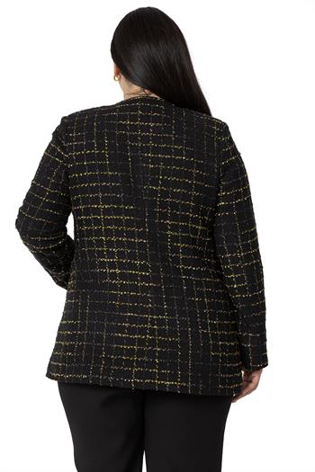 Büyük Beden Cepli Yakasız Simli Şanel Siyah Hardal Astarlı Ceket 