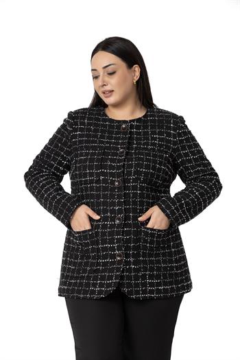 Büyük Beden Cepli Yakasız Simli Şanel Siyah Gri Astarlı Ceket 