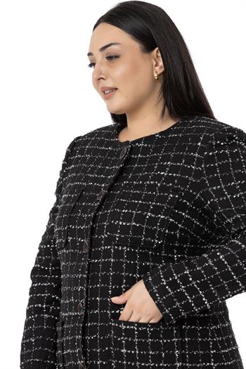 Büyük Beden Cepli Yakasız Simli Şanel Siyah Gri Astarlı Ceket 