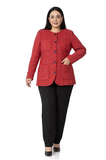 Büyük Beden Cepli Yakasız Simli Şanel Kırmızı Astarlı Ceket 