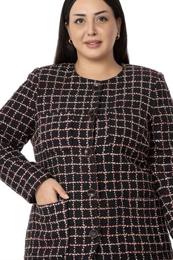 Büyük Beden Cepli Yakasız Simli Şanel Siyah Pembe Astarlı Ceket 