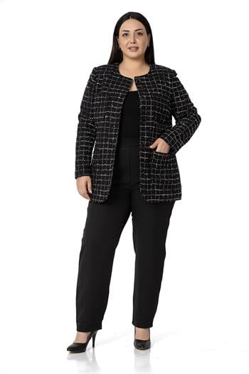 Büyük Beden Cepli Yakasız Simli Şanel Siyah Gri Astarlı Ceket 