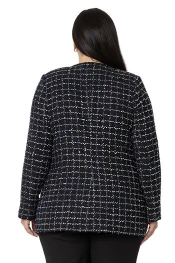 Büyük Beden Cepli Yakasız Simli Şanel Siyah Lacivert Astarlı Ceket 