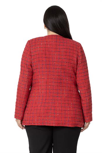 Büyük Beden Cepli Yakasız Simli Şanel Kırmızı Astarlı Ceket 