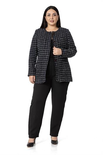 Büyük Beden Cepli Yakasız Simli Şanel Siyah Lacivert Astarlı Ceket 