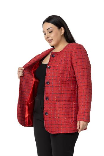 Büyük Beden Cepli Yakasız Simli Şanel Kırmızı Astarlı Ceket 