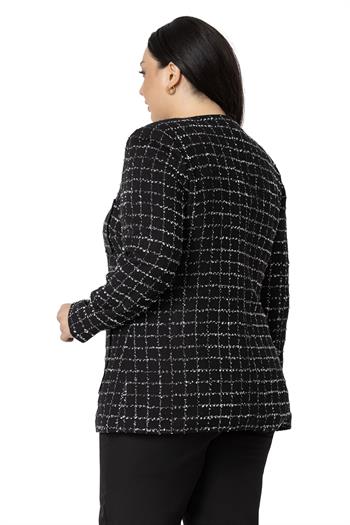 Büyük Beden Cepli Yakasız Simli Şanel Siyah Gri Astarlı Ceket 