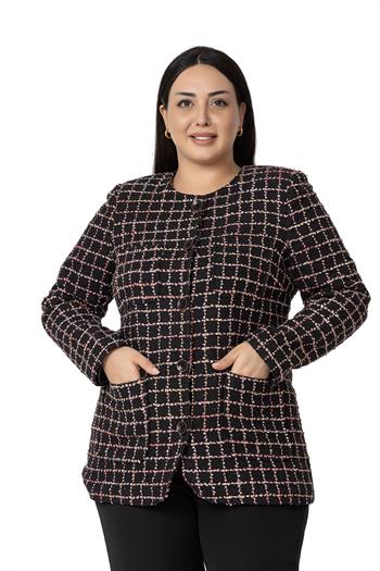 Büyük Beden Cepli Yakasız Simli Şanel Siyah Pembe Astarlı Ceket 