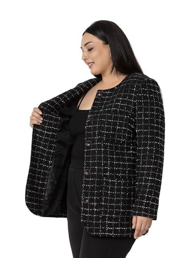 Büyük Beden Cepli Yakasız Simli Şanel Siyah Gri Astarlı Ceket 