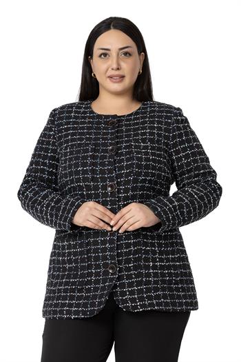 Büyük Beden Cepli Yakasız Simli Şanel Siyah Lacivert Astarlı Ceket 