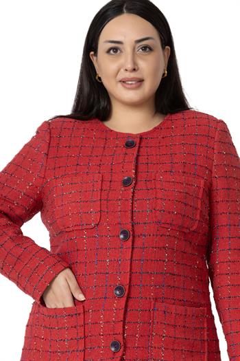 Büyük Beden Cepli Yakasız Simli Şanel Kırmızı Astarlı Ceket 