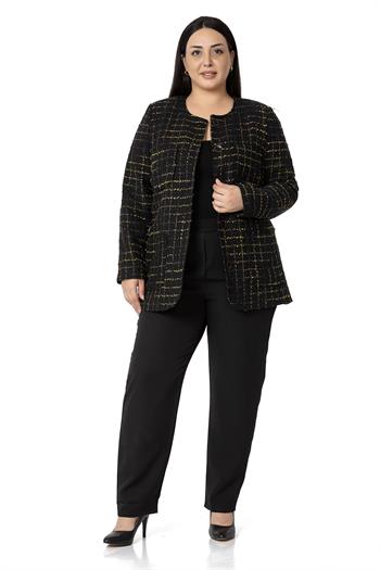 Büyük Beden Cepli Yakasız Simli Şanel Siyah Hardal Astarlı Ceket 