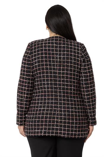 Büyük Beden Cepli Yakasız Simli Şanel Siyah Pembe Astarlı Ceket 