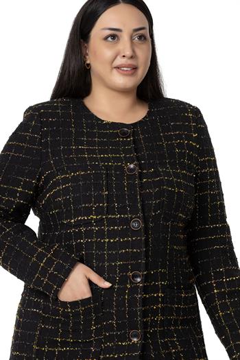 Büyük Beden Cepli Yakasız Simli Şanel Siyah Hardal Astarlı Ceket 