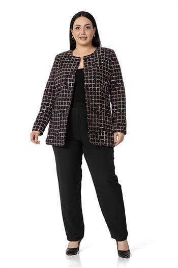 Büyük Beden Cepli Yakasız Simli Şanel Siyah Pembe Astarlı Ceket 