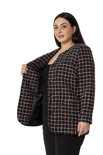 Büyük Beden Cepli Yakasız Simli Şanel Siyah Pembe Astarlı Ceket 