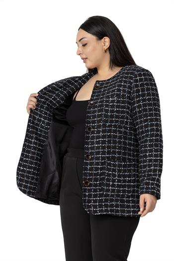 Büyük Beden Cepli Yakasız Simli Şanel Siyah Lacivert Astarlı Ceket 