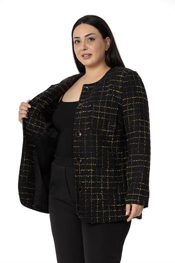Büyük Beden Cepli Yakasız Simli Şanel Siyah Hardal Astarlı Ceket 