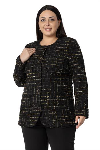 Büyük Beden Cepli Yakasız Simli Şanel Siyah Hardal Astarlı Ceket 