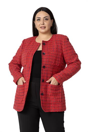 Büyük Beden Cepli Yakasız Simli Şanel Kırmızı Astarlı Ceket 