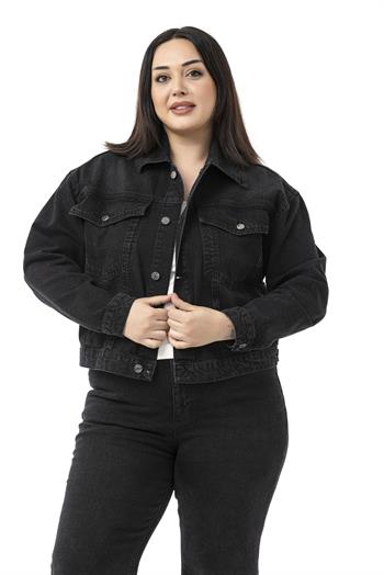Büyük Beden Göğüsten Çift Cepli Kısa Siyah Denim Ceket