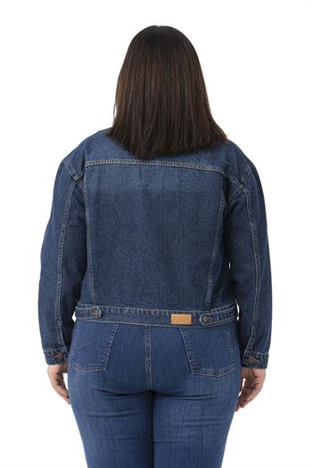 Büyük Beden Göğüsten Çift Cepli Kısa Lacivert Denim Ceket