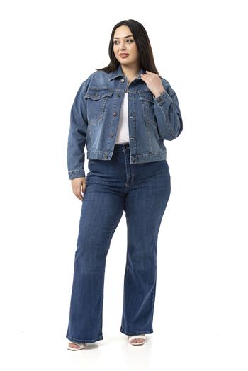Büyük Beden Göğüsten Çift Cepli Kısa Mavi Denim Ceket
