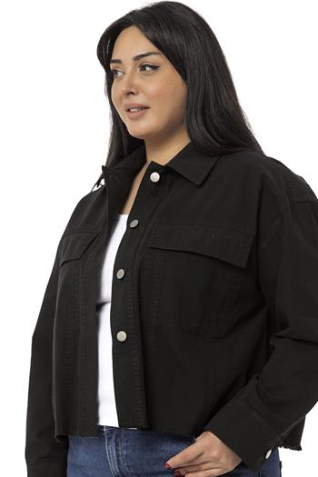 Büyük Beden Kapaklı Cepli Eteği Pis Dikişli Siyah Ceket