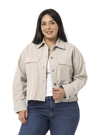Büyük Beden Kapaklı Cepli Eteği Pis Dikişli Taş Rengi Ceket