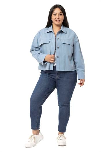 Büyük Beden Kapaklı Cepli Eteği Pis Dikişli Mavi Ceket