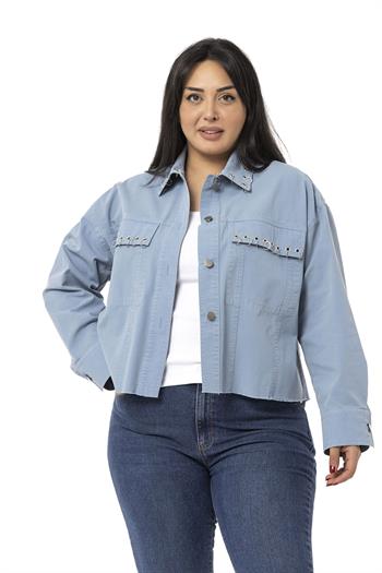 Plus Size Blue Jacket with Flap Pockets and Skirt with Dirty Stitching and Metal Accessories