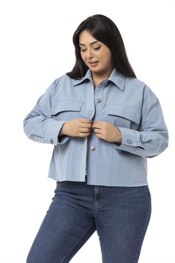 Büyük Beden Kapaklı Cepli Eteği Pis Dikişli Mavi Ceket