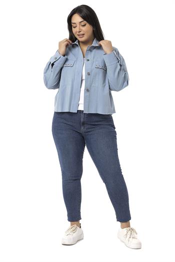 Plus Size Blue Jacket with Flap Pockets and Skirt with Dirty Stitching and Metal Accessories