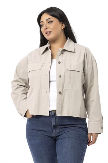 Büyük Beden Kapaklı Cepli Eteği Pis Dikişli Taş Rengi Ceket