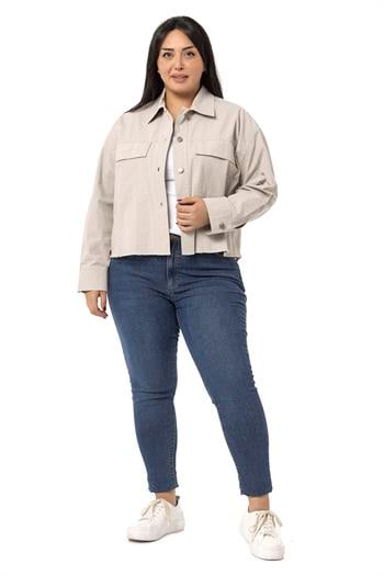 Büyük Beden Kapaklı Cepli Eteği Pis Dikişli Taş Rengi Ceket