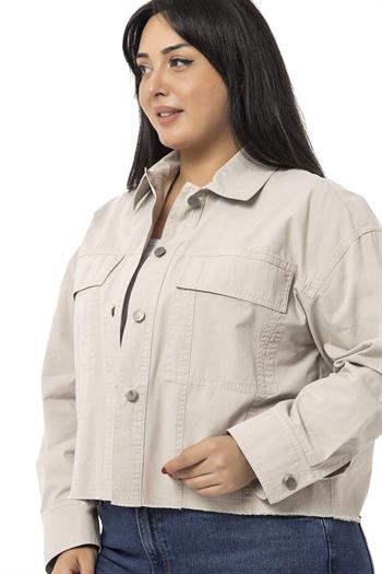 Büyük Beden Kapaklı Cepli Eteği Pis Dikişli Taş Rengi Ceket